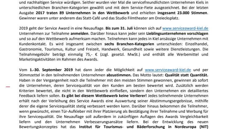 Kieler Service Award würdigt herausragende Servicequalität - Jetzt bewerben!