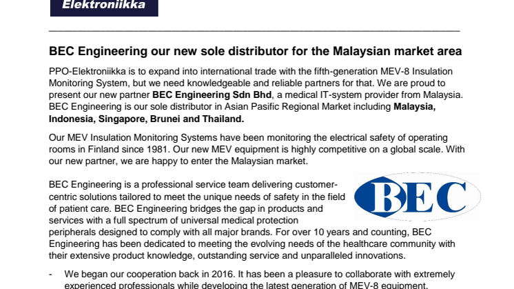 BEC Engineering our new sole distributor for the Malaysian market area