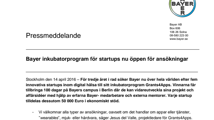   Bayers inkubatorprogram för startups nu öppen för ansökningar