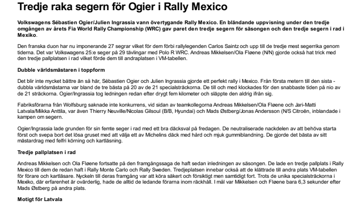Tredje raka segern för Ogier i Rally Mexico