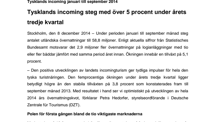 ​Tysklands incoming steg med över 5 procent under årets tredje kvartal