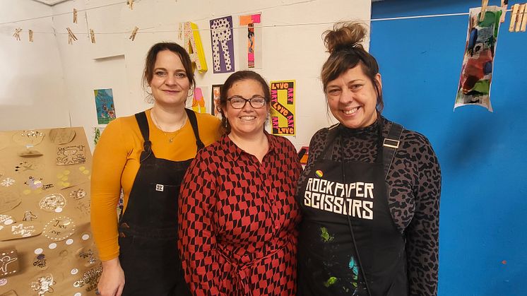 From left to right: Rock Paper Scissors' Chloe Peacock, Clare GIbson from Suffolk Community Foundation and Lulu Horsfield from Rock Paper Scissors. Credit: Rock Paper Scissors