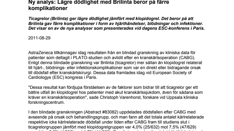 Ny analys: Lägre dödlighet med Brilinta beror på färre komplikationer