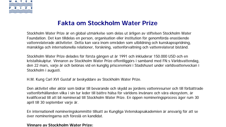Fakta om Stockholm Water Prize (svenska)