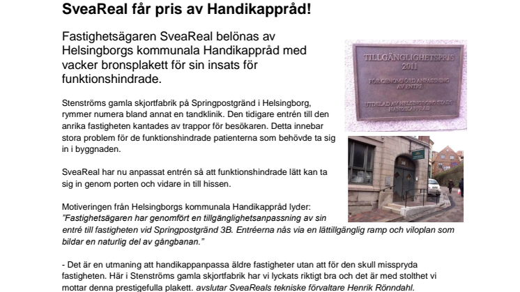 SveaReal får pris av Handikappråd!