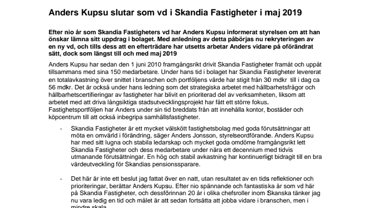 Anders Kupsu slutar som vd i Skandia Fastigheter i maj 2019
