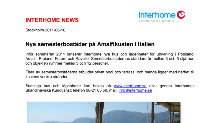 Semesterbostäder på Amalfikusten i Italien lanseras av Interhome