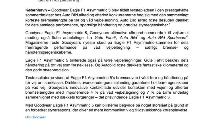Eksemplarisk performance for helt nyt Goodyear Eagle F1 Asymmetric 5 i den første sommerdæktest