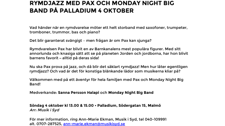 Rymdjazz med Pax och Monday Night Big Band på Palladium 4 oktober