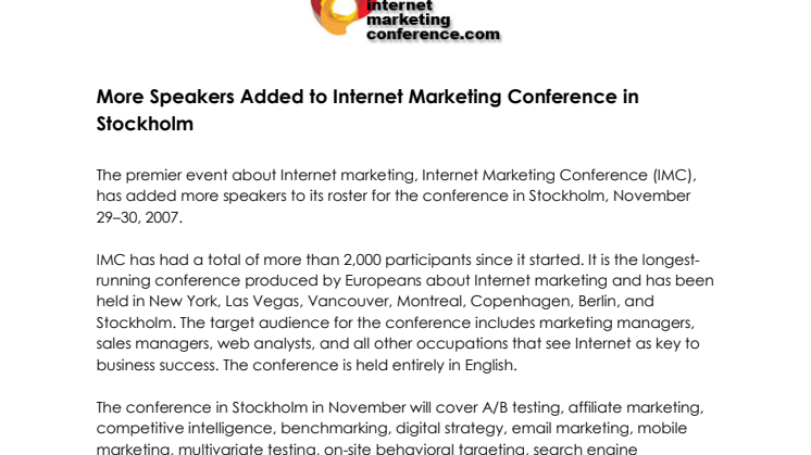 More Speakers Added to Internet Marketing Conference in Stockholm