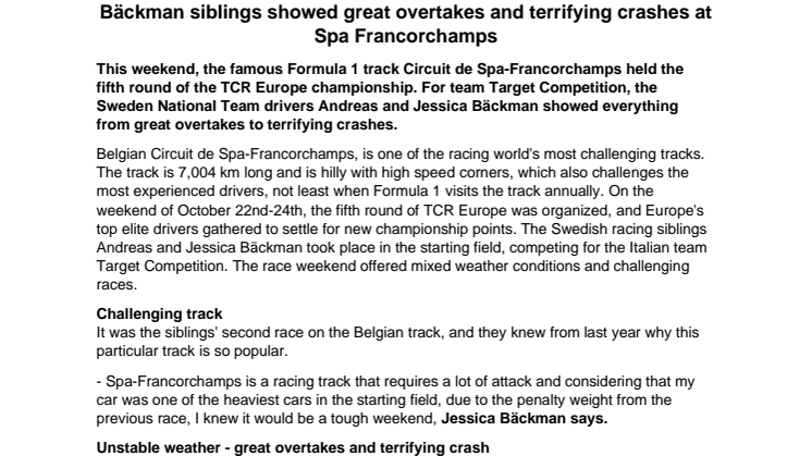 Bäckman siblings showed great overtakes and terrifying crashes at Spa Francorchamps