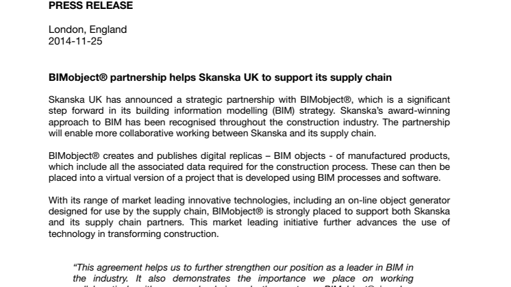 BIMobject® partnership helps Skanska UK to support its supply chain