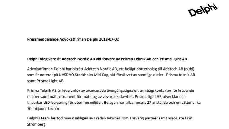 Delphi rådgivare åt Addtech Nordic AB vid förvärv av Prisma Teknik AB och Prisma Light AB