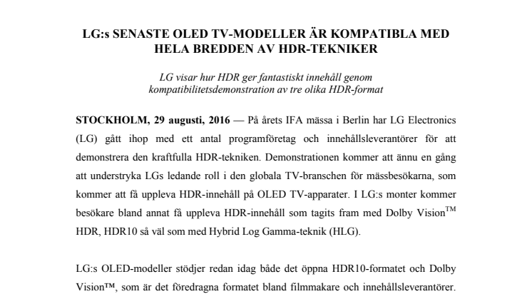LG:s SENASTE OLED TV-MODELLER ÄR KOMPATIBLA MED  HELA BREDDEN AV HDR-TEKNIKER