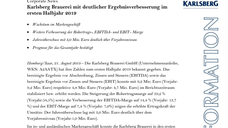 Karlsberg Brauerei mit deutlicher Ergebnisverbesserung im ersten Halbjahr 2019