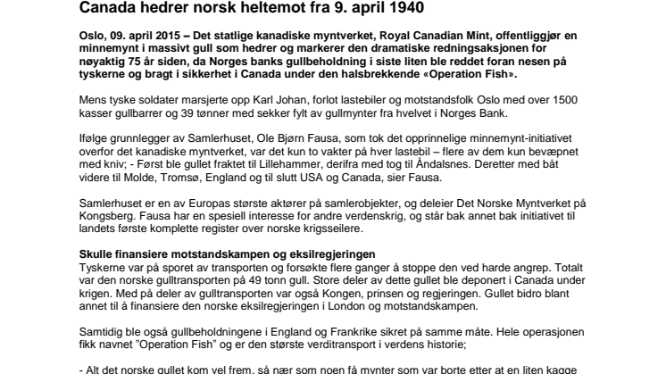 Canada hedrer norsk heltemot fra 9. april 1940 