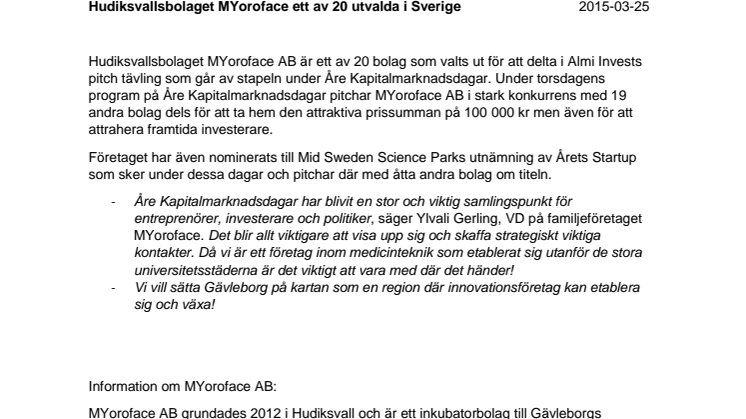 Hudiksvallsbolaget MYoroface ett av 20 utvalda i Sverige