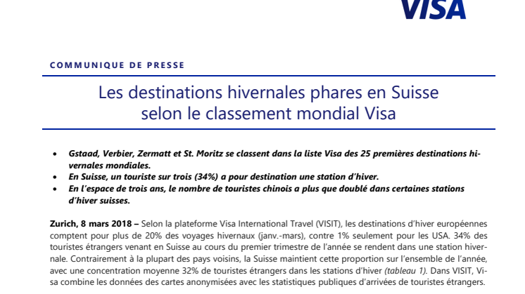 Les destinations hivernales phares en Suisse selon le classement mondial Visa 