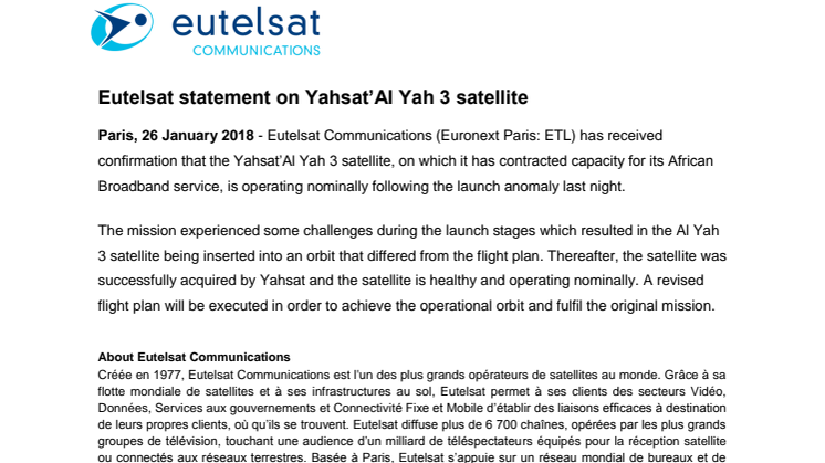 ​Eutelsat statement on Yahsat’Al Yah 3 satellite