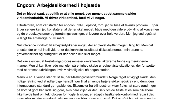 Engcon: Arbejdssikkerhed i højsæde