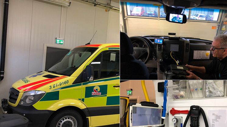 På bilden ser ni Bengt som arbetar med installationen i en av de 18 ambulanserna. 