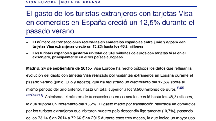 El gasto de los turistas extranjeros con tarjetas Visa en comercios en España creció un 12,5% durante el pasado verano