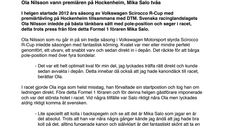 Ola Nilsson vann premiären på Hockenheim, Mika Salo tvåa