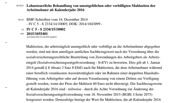 Lohnsteuerliche Behandlung von unentgeltlichen oder verbilligten Mahlzeiten an Arbeitnehmer ab 01.01.2016