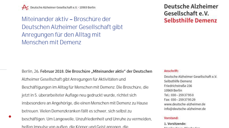 Miteinander aktiv – Broschüre der Deutschen Alzheimer Gesellschaft gibt Anregungen für den Alltag mit Menschen mit Demenz