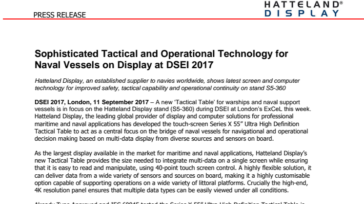 Hatteland Display: Sophisticated Tactical and Operational Technology for Naval Vessels on Display at DSEI 2017 
