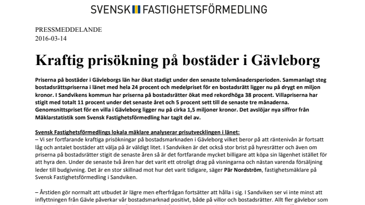 Kraftig prisökning på bostäder i Gävleborg