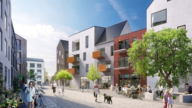 I Sigtunas nya stadsdel Sigtuna stadsängar påbörjar HSB Bostad försäljning av lägenheter i september 2017. Illustration: Arkitektstudio Witte
