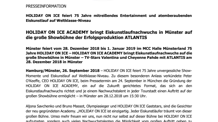 HOLIDAY ON ICE ACADEMY bringt Eiskunstlaufnachwuchs in Münster auf die große Showbühne der Erfolgsproduktion ATLANTIS