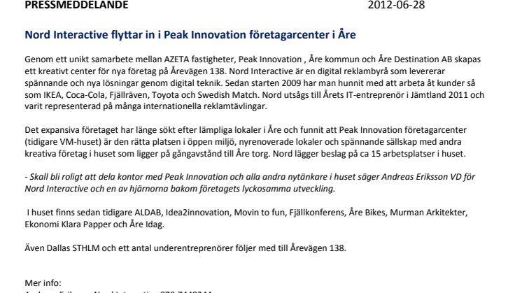 Nord Interactive flyttar in i Peak Innovation företagarcenter i Åre 