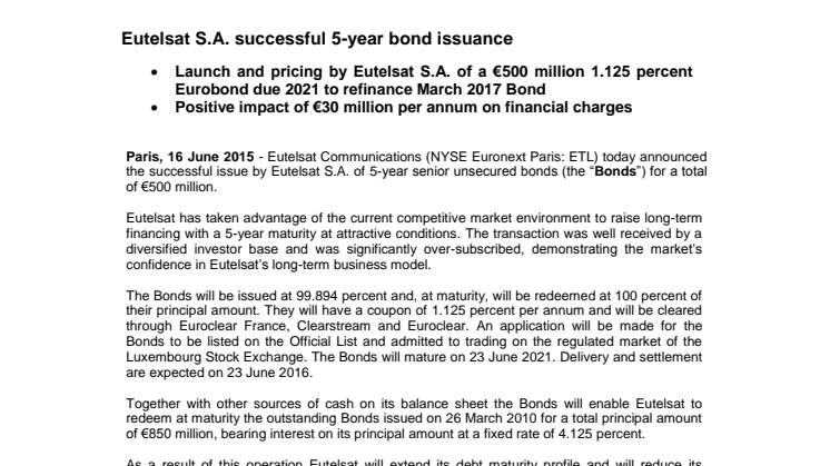 Eutelsat S.A. successful 5-year bond issuance  