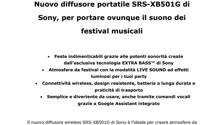 Nuovo diffusore portatile SRS-XB501G di Sony, per portare ovunque il suono dei festival musicali