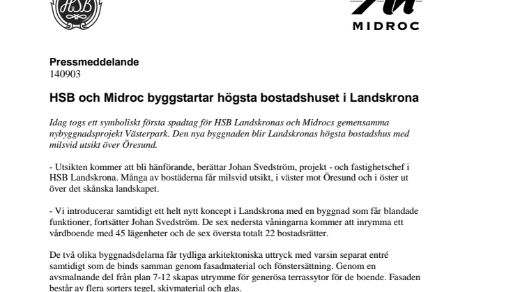 HSB och Midroc byggstartar högsta bostadshuset i Landskrona