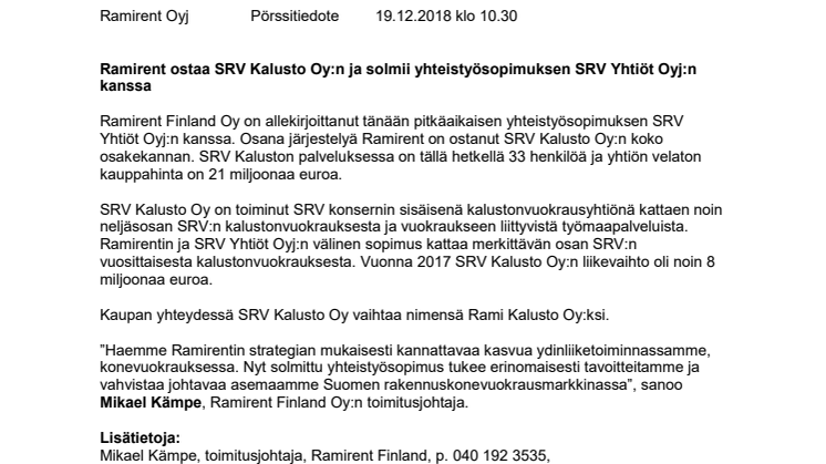 Ramirent ostaa SRV Kalusto Oy:n ja solmii yhteistyösopimuksen SRV Yhtiöt Oyj:n kanssa