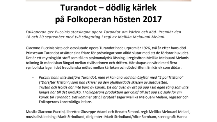 TURANDOT – DÖDLIG KÄRLEK PÅ FOLKOPERAN HÖSTEN 2017
