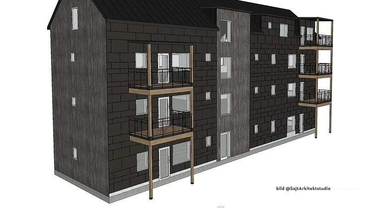 Modellbild pågående projektering med designverktyget Smart Facade Tool i Archicad.