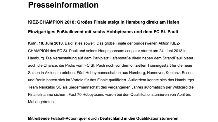 KIEZ-CHAMPION 2018: Großes Finale steigt in Hamburg direkt am Hafen