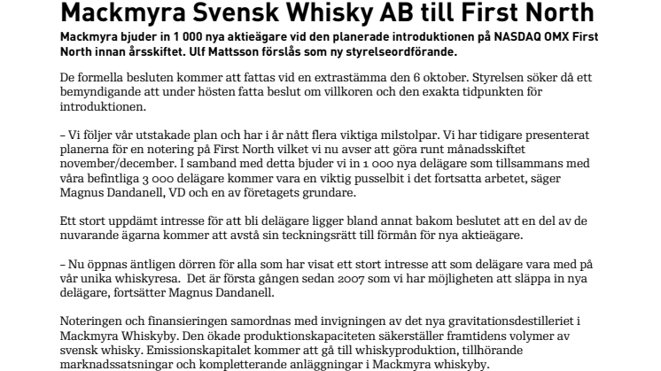Mackmyra Svensk Whisky AB till First North
