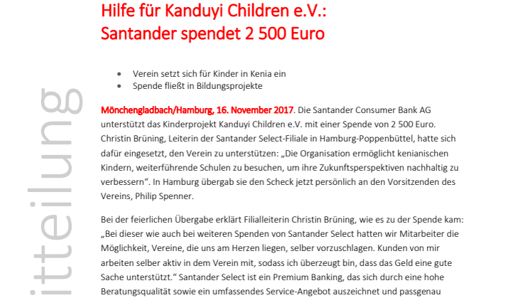Hilfe für Kanduyi Children e.V.: Santander spendet 2 500 Euro