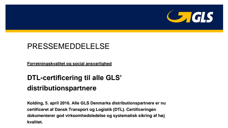 DTL-certificering til alle GLS' distributionspartnere