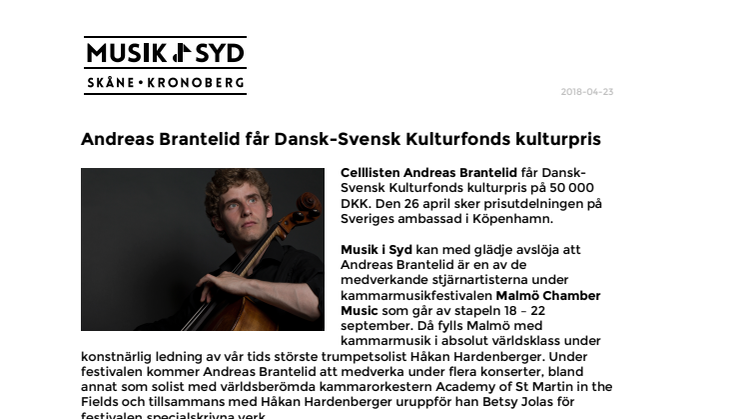 Andreas Brantelid får Dansk-Svensk Kulturfonds kulturpris