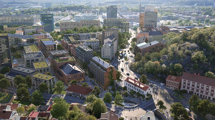 Visionsbild över Forsåkers norra del med bland annat de historiska byggnaderna och den nya stadsgatan. Kvarnbygatan kommer bli ett grönt stråk som byggs om för att skapa bättre framkomlighet samt ge plats för bostäder och verksamheter.