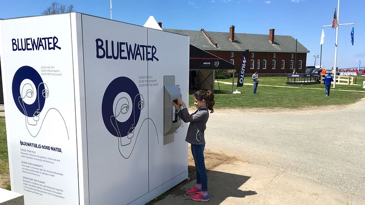 Plastic-free drinking water as pure as nature intended is served without cost  from three unique Bluewater water stations located in the Volvo Ocean Race Village in Newport, RI