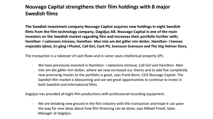 Nouvago Capital strengthens their film holdings with 8 major Swedish films