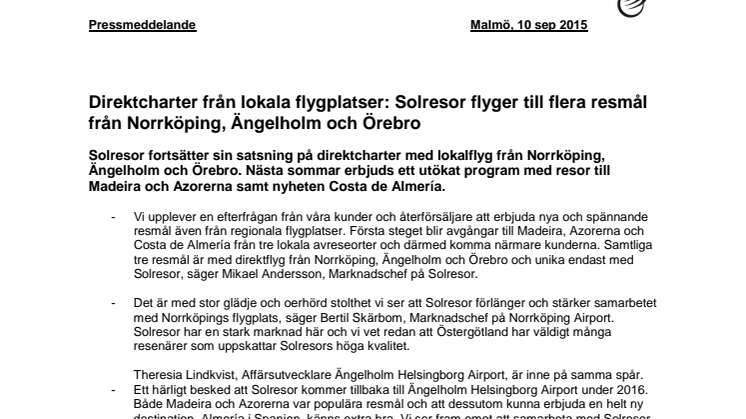 Direktcharter från lokala flygplatser: Solresor flyger till flera resmål från Norrköping, Ängelholm och Örebro