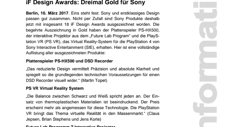 iF Design Awards: Dreimal Gold für Sony